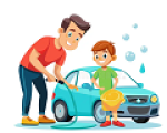 DAD IS WASHING THE CAR.