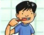 Minh brushes his teeth at half past six.
